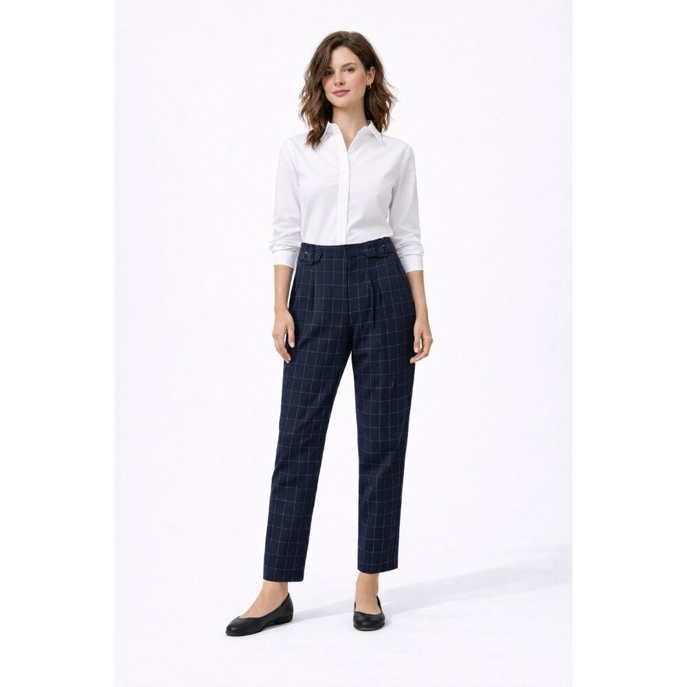 CLUB MONACO pants ankle tapered blue 0 buckle belt pleated career professional